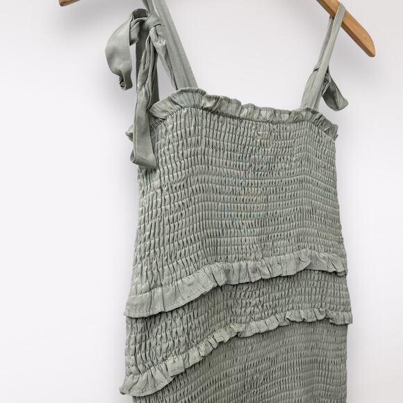 Mable L Pastel Green Mini Dress Badale Smocked Ruffles Satin Coquette Feminine - Picture 5 of 10